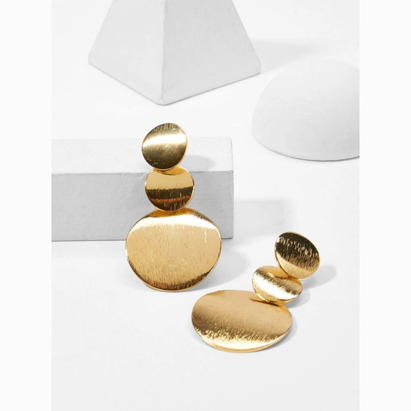 Gold 3 Layered Disc Statement Drop Earrings